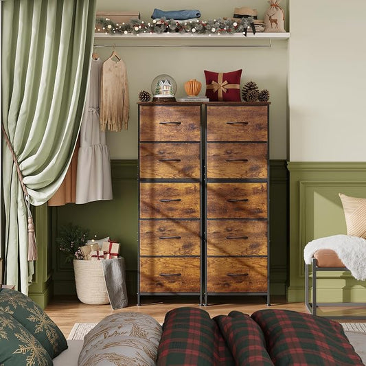 WLIVE Fabric Dresser for Bedroom, 5-Drawer Tall Dressers, Storage Organizer with Fabric Bins, Wood Top, Sturdy Steel Frame, Chest of Drawers for Closet, Hallway, Rustic Brown Wood Grain Print