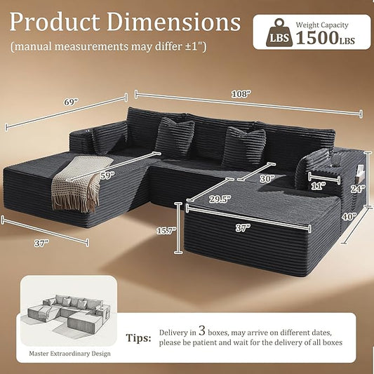 108" Oversized Cloud Sectional Couch, Comfort U Shaped Boneless Couch for Living Room, Extra Deep Seats No Assembly, Modular Sofa, Corduroy (Dark Grey, 2 Seater + Left Facing Chaise + Ottoman)