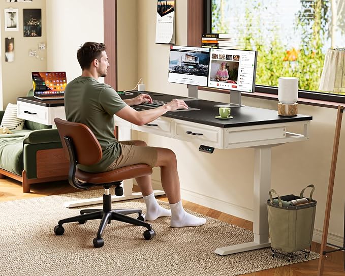 OffiGo L Shaped Electric Standing Desk with Wooden Drawers, 63 Inch Height Adjustable Corner Workstation with Power Outlets, Sit Stand Table for Home, Office, White+Black