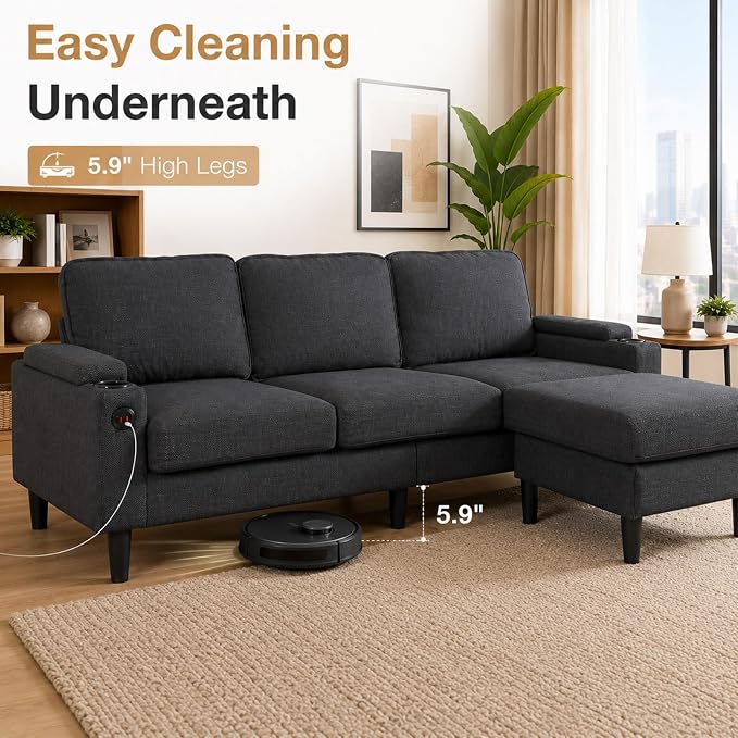 67'' L-Shaped Velvet Modular Sectional Couch Sofa with Ottoman, 3-Seat Convertible Cloud Deep Seat Sofa Couches for Living Room Bedroom Apartment, Cozy Chaise Lounge Sofas (Dark Grey)