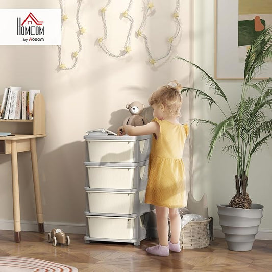 Qaba 4 Tier Kids Storage Unit, Toy Organizers and Storage with 4 Drawer Chest for Kids Bedroom Nursery Kindergarten Living Room for Boys Girls Toddlers, Cream White