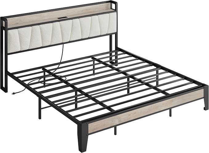 LIKIMIO King Size Bed Frames, Bouclé Storage Headboard with Charging Station, Solid and Stable, Noise Free, No Box Spring Needed, Easy Assembly