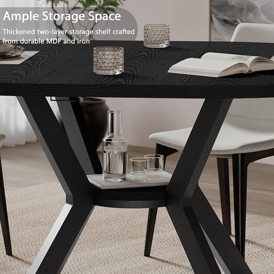 42"-58" Extendable Round Dining Table with Built-in Flip Leaf, Modern Oval Kitchen Table for 4-6, Space-Saving Small Room Furniture with Storage Shelf and X-Shaped Metal Base for Kitchen, Dining Room