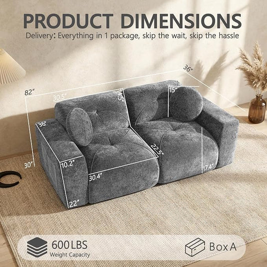 82" Modular Sectional Cloud Couch, Loveseat Sofa Boneless Couches, 2 Deep Seat Modern Comfy Velvet Sofa for Living Room, Bedroom, Apartment (Grey)
