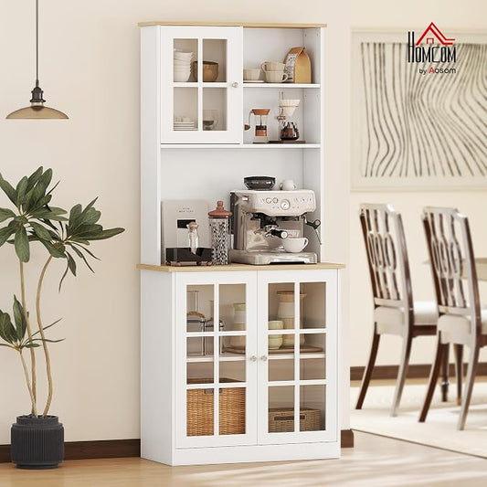 HOMCOM Kitchen Pantry Storage Cabinet, 72" Freestanding Cabinet with Hutch, Large Countertop, Glass Doors and Adjustable Shelves for Dining Room, White