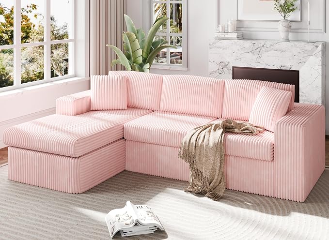 Shintenchi Boneless Couches for Living Room,Modular Sectional Sofa with Deep Seat,Memory Foam Cloud Couch with L Shaped Oversized Chaise,No Assembly Needed Plush Corduroy Sofa,Pink