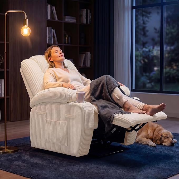 Flamaker Power Lift Chair Massage Recliner Chairs for Elderly, Corduroy Ergonomic Design with Cup Holders & Side Pockets, Remote Control (White)