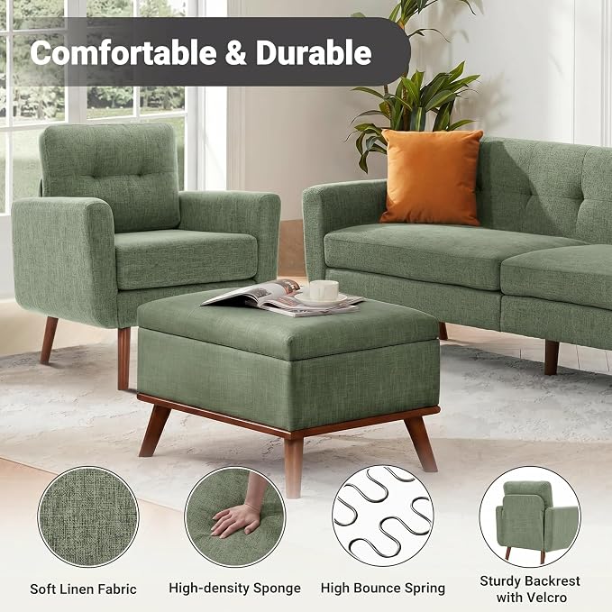 Tbfit Linen Fabric Single Sofa, Accent Chair, Mid Century Modern Armchair for Living Room, Bedroom Button Tufted Upholstered Comfy Reading Sofas, Green