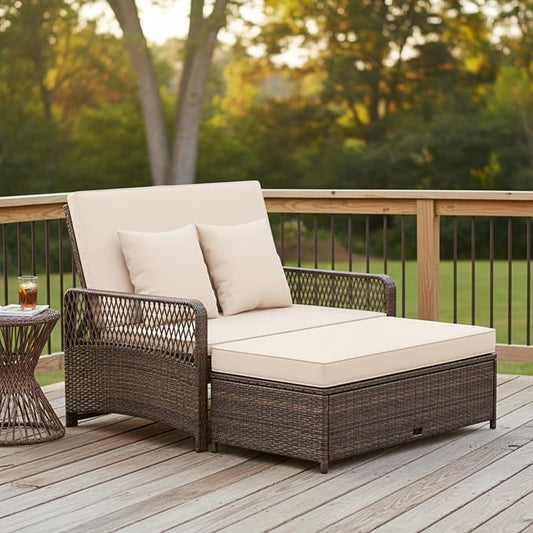Tangkula Patio Rattan Daybed with 4-Level Adjustable Backrest, 2-Person Outdoor Wicker Loveseat with Storage Ottoman & Soft Cushions, Double Sunbed Lounger for Backyard, Porch, Poolside (Beige)