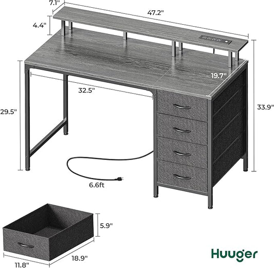Huuger 47 Inch Computer Desk with Power Outlets and LED Lights, Gaming Desk with 4 Drawers, Office Desk with Monitor Stand, Study Desk Work Desk for Home Office, Small Spaces, Gray