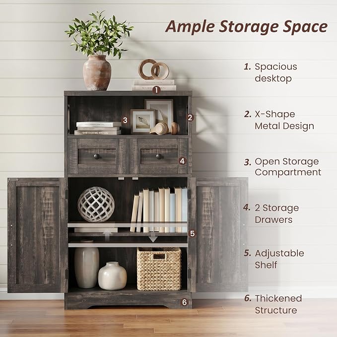 Dark Wood Grey Farmhouse Storage Cabinet Set of 2, Small Kitchen Pantry Cabinet with Drawers and Adjustable Shelf, Sideboard Buffet Coffee Bar Cabinet for Living Room/Dining Room/Bathroom/Home Office