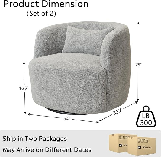 KINWELL 34" Wide Sherpa Swivel Barrel Chairs Set of 2, No Assembly Round Boucle Upholstered Accent Chairs Armchairs Single Sofa Chair with Toss Pillow for Living Room and Bedroom, Gray