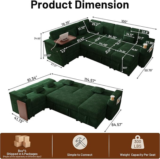 L-Shaped Sectional Sleeper Sofa with Pull Out Bed, Green | Plush Corduroy, Reclining Backrest, Storage Chaise, Usb Ports, Cup Holders & Table – Modular Cloud Couch for Living Room