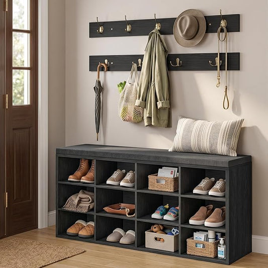 HOOBRO Shoe Storage Bench with Cushion, 39.4" L Entryway Bench with 12 Cubbies, Entryway Hall Tree with Storage, Cubby Shoe Rack Bench with Coat Rack for Hallway, Holds up to 330 lb, Black BB112HX01