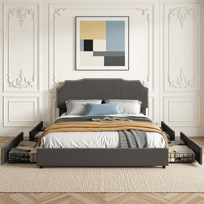 VECELO Full Upholstered Platform Bed Frame with 4 Storage Drawers,Velvet Vintage Full Bed with Nailhead Trim,Tufted Height Adjustable Headboard,Wooden Slats/No Box Spring Needed/Easy Assembly