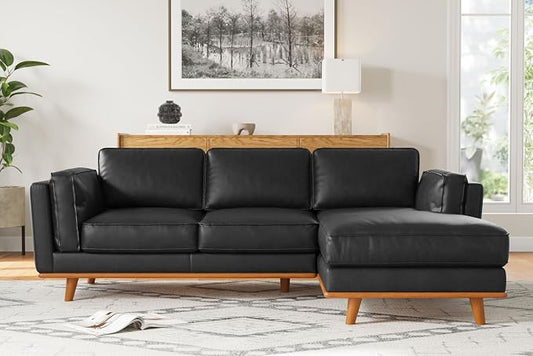 Valencia Artisan Full Leather Sofa - Right Chaise Sectional Couch - Pure Full Italian Nappa Leather Couch, Solid Wood Accent and Ultimate Comfort, Black