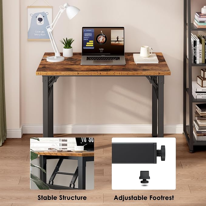 Need 35.8 Inch Folding Desk for Small Spaces, Home Office Computer Desk with Wood Top & Black Frame, Foldable Writing Table for Study, Bedroom, Dorm Room & Student, Rustic Brown