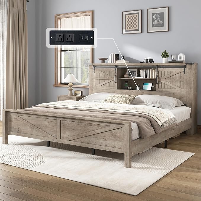 AMERLIFE 3-Piece Farmhouse Bedroom Set, King Size Bed with Sliding Barn Doors & Bookcase Headboard, 5-Drawer Tall Dresser, 4-Drawer Wide Dresser, Light Rustic Oak