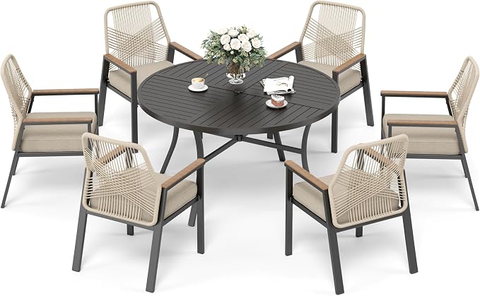 SUNSHINE VALLEY 7 Pieces Patio Dining Set, 6 x Woven Rattan Chairs with Waterproof Cushion, 54” Metal Round Dining Table with Umbrella Hole, Outdoor Table and Chairs Set for Backyard Lawn and Deck