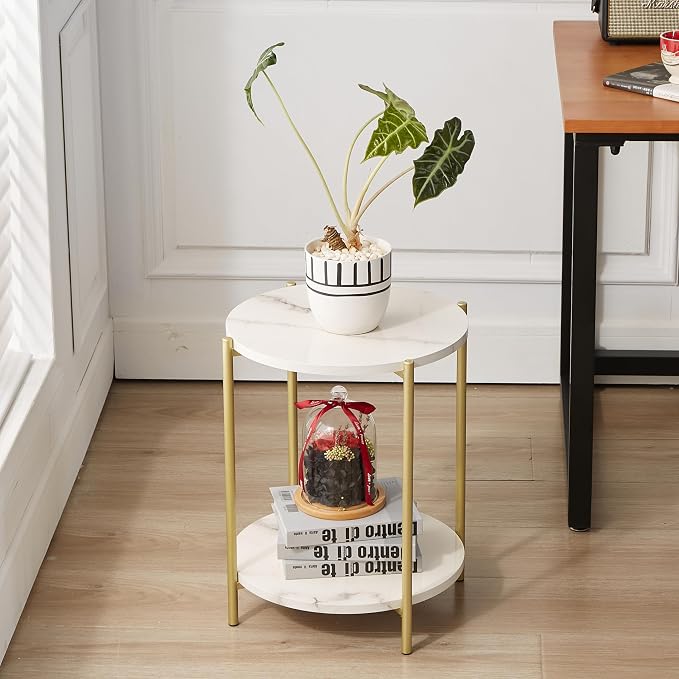 Gawicpy 2 Tier Round Side Table, Folding End Tables Coffee Table Simplistic Sofa Table Waterproof Removable Tray Table Indoor Outdoor Accent Table for Living Room Bedroom (Faux Marble White, 1pcs)