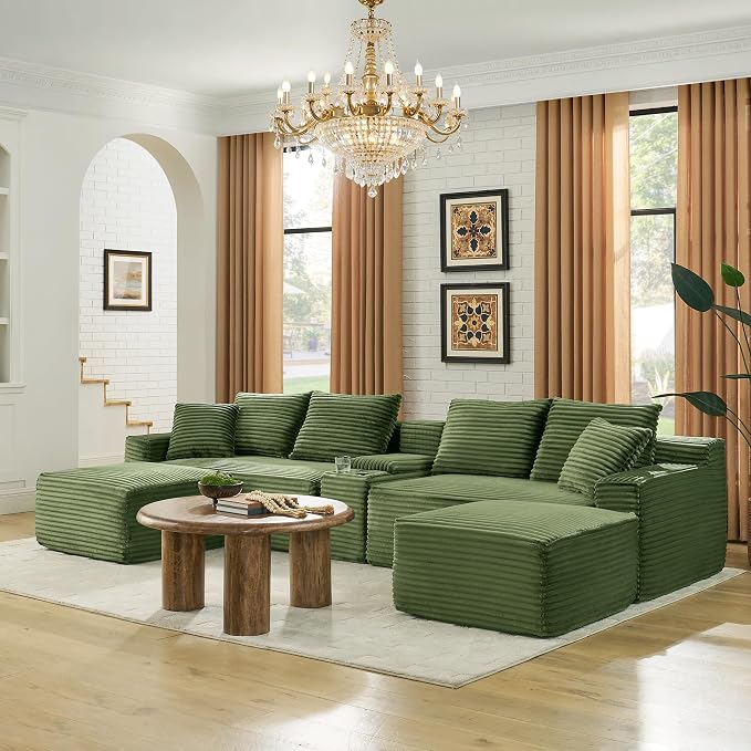 127" U-Shaped Cloud Sectional Couch Oversized Modular Compressed Boneless Sectional Sofa with Ottoman Chaise Lounges & Console, Plush Corduroy Boneless Symmetrical Sofa