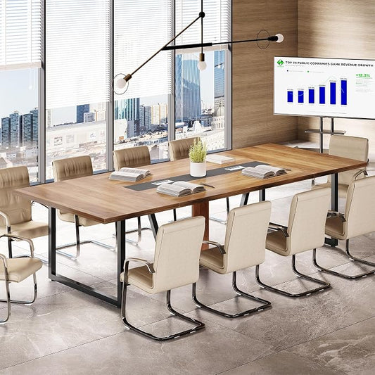 LITTLE TREE 8FT Conference Table for 10 People, Large Meeting Table, Modern Conference Room Tables with Cable Management, Training Tables with Strong Metal Legs for Office, Brown