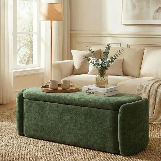 VKNOW 46" Oval Storage Ottoman Bench, Upholstered End of Bed Bench Ottomans Bench Foot Rest, Sherpa Storage Bench for Bedroom, Living Room and Hallway, Green
