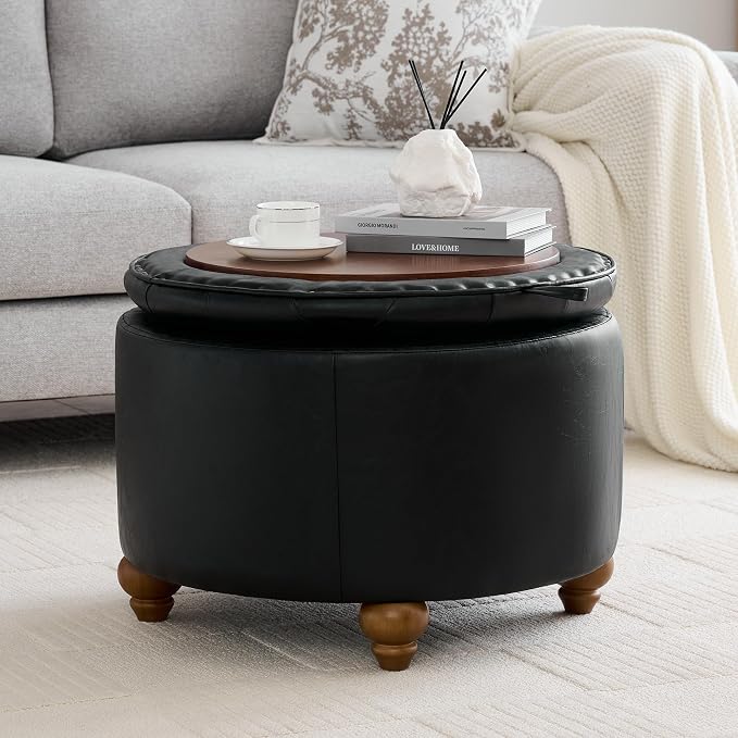 WUTUTUEE 24Inch Round Storage Ottoman with Tray, Modern Tufted Leather Circle Coffee Table with Storage, Upholstered Ottoman with Removable Top for Living Room, Bedroom, Leather Black