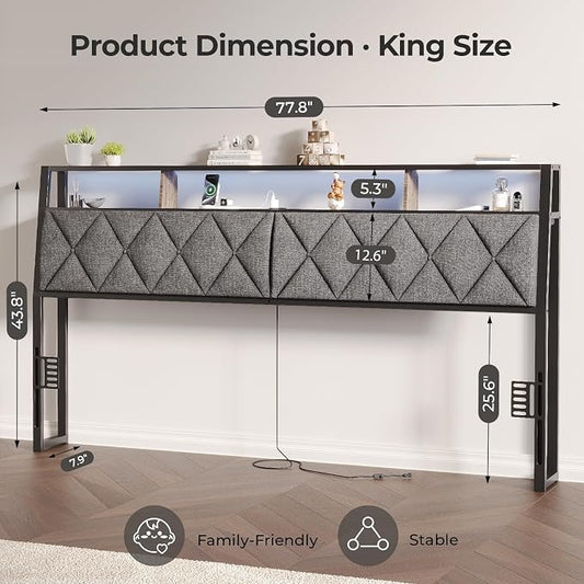 King Headboard Only, Headboard for King Size Bed with Storage, Upholstered Headboards with LED Lights & Charging Station, Attach Frame, Ideal for Bedroom/Dorm/Guest Room, Dark Grey & Brown