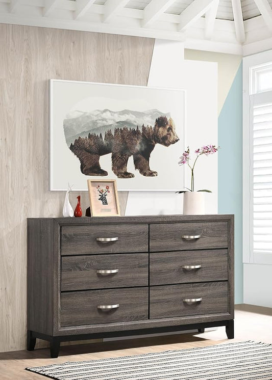Coaster Home Furnishings - Watson - Wood - 6-Drawer Dresser with Curved Pull Handles, Groove Detailing, and Nickel Hardware - Bedroom - Gray Oak - 212423