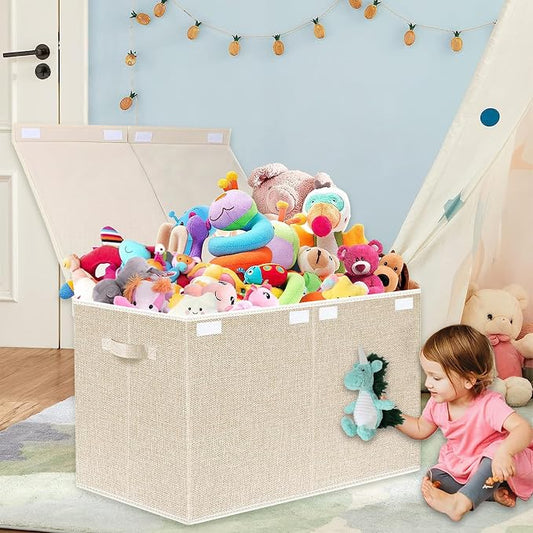 Large Toy Box Chest Storage with Lid - Collapsible Kids Toys Boxes Organizer Bins Baskets with Handles for Boys, Girls, Nursery, Playroom, Clothes, Blanket, Bedroom(Beige)