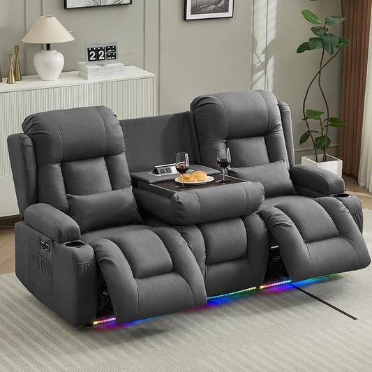 URRED Power Loveseat Recliner Sofa with Massage and Heat, Wall Hugger Reclining Loveseat with Console, RV Couch Home Theater Seating with LED Lights for Living Room (Gray, 76.8" - 3 Seats)