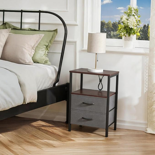 Huuger Nightstand with Charging Station, Fabric Drawers, End Table with Open Shelf, Bedside Table with USB Ports and Outlets, Night Stand for Bedroom, Walnut