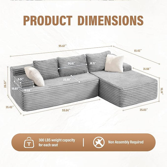 Hobestluk Boneless Couch Modular Sectional Sofa L-Shape Cloud Couch Lounge | 96" Right Facing Chaise Pale Gray,Memory Foam,Removable Cover,Non-slip Bottom,No Assemble Required,Furniture for Small Home