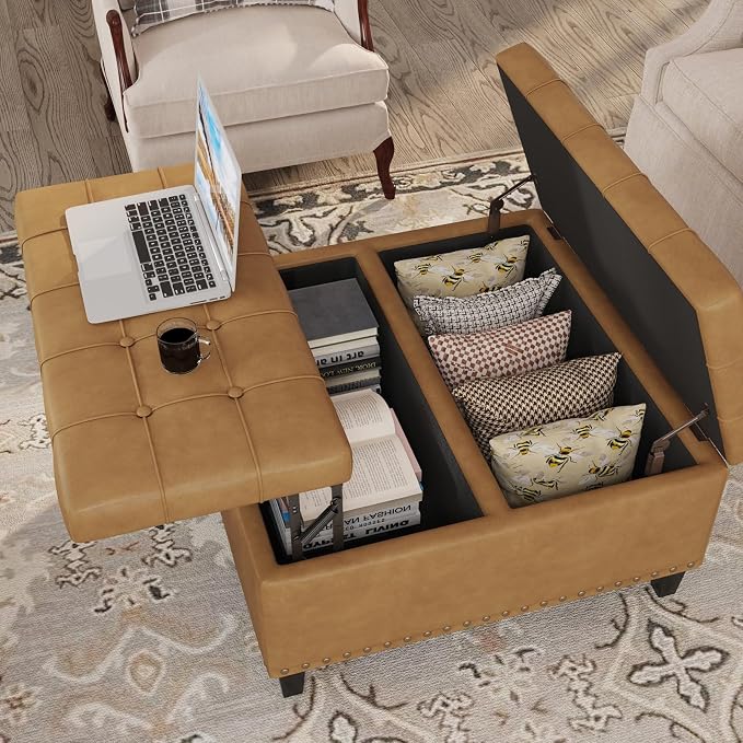 FiveWillowise Square Leather Ottoman with Storage, Faux Leather Coffee Table with Lift Top,Large Upholstered Footrest Stool Toy Box Storage Bench for Bedroom Living Room, Camel