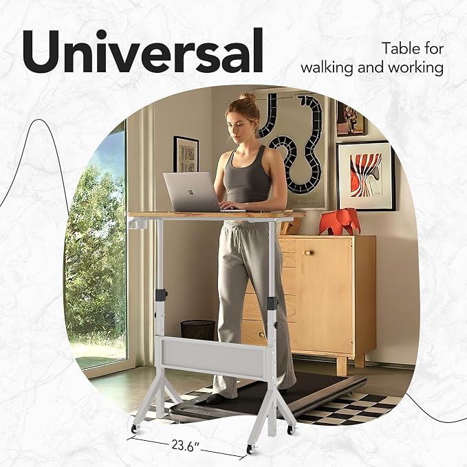 HUANUO Portable Standing Desk Adjustable Height, Mobile Stand Up Desk for Walking Pad and Treadmill, Rolling Computer Table with Wheels, 31.5"x15.75" Height 28.7"-46.1", Light Rustic