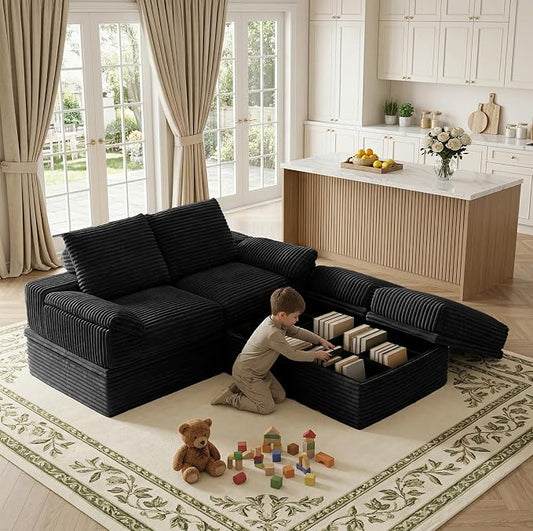 71" Modular Loveseat Sofa with Storage, 2-Seater Boneless Couch with Ottoman, 48" Deep Seat Corduroy Cloud Couch for Small Spaces Apartment, Tool-Free Assembly, Black