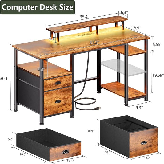 Furologee 51" Computer Desk with Power Outlet and LED Lights, Reversible Home Office Desk with File Cabinet & Monitor Stand, Large Gaming Table with Storage Shelves & Drawer, Rustic Brown