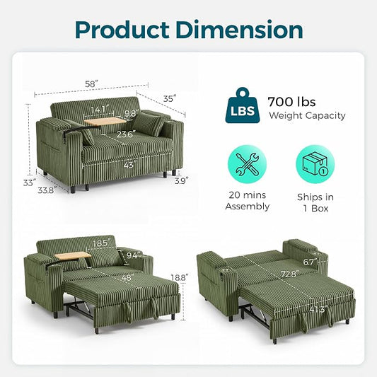 LINSY HOME 3-in-1 Pull Out Sofa Bed, 58" Convertible Sleeper Sofa for Living Room, 360° Swivel Table, Storage Armrests, Charging Station, Cup Holders, 2 Pillows, Corduroy Loveseat Futon Couch, Green