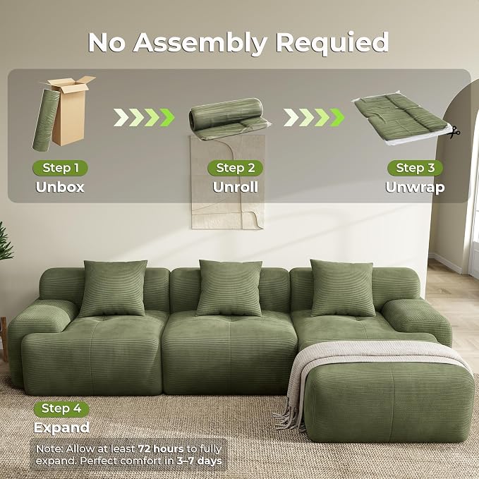 LIKIMIO LumiCord Modular Sectional Sofa with Ottoman, 118" L-Shaped Boneless Couch for Living Room, Oversized Deep Seat with Corduroy Upholstery, No Assembly Required, Olive Green