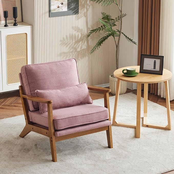 VINGLI Solid Wood Wide Armrests Accent Chair,Upholstered Mid Century Modern Chair with Pillow,Comfy Reading Chair Farmhouse Arm Chair,Chairs Living Room,Bedroom,Guest Room,Linen Fabric,Peachy Red