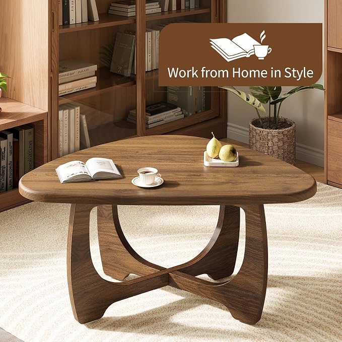 Coffee Table for Living Room - Mid Century Modern Coffee Tables with Triangle Top, Unique Small Round Coffee Table, Wood Oval Tea Table with Solid Legs for Bedroom, 35.8"x 22.5" x 16.2" Walnut