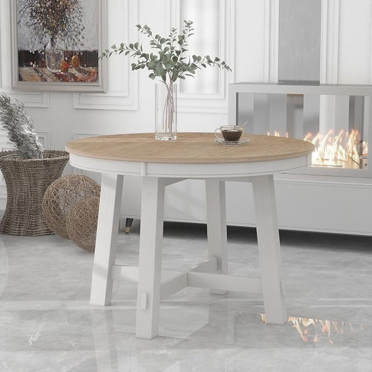 LUMISOL 42"-58" Extendable Round Dining Table for 4-8, Farmhouse Oval Kitchen Table with Removable Leaf, Solid Wood Dinner Tables for Kitchen, Dining Room, Small Space, Oak+Antique White