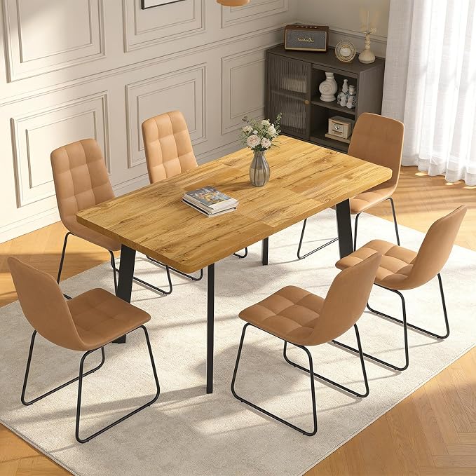 Extendable Dining Table Set for 4 to 8 People, 47.2" to 63" Modern Kitchen Table Set with 6 Chairs, MDF Dining Room Table and Chairs with Removable Extension Leaf (Walnut Table+U-Shaped Brown Chairs)