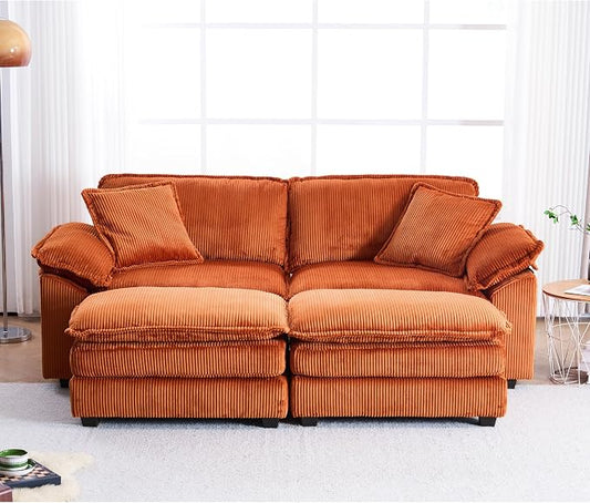 84.6” Corduroy Loveseat with Ottoman, Oversized Double Chaise Lounge Chair Indoor Deep Seat Two Seater Couch Cloud Couch Modular Sectional Sofa for Living Room(Corduroy Orange)
