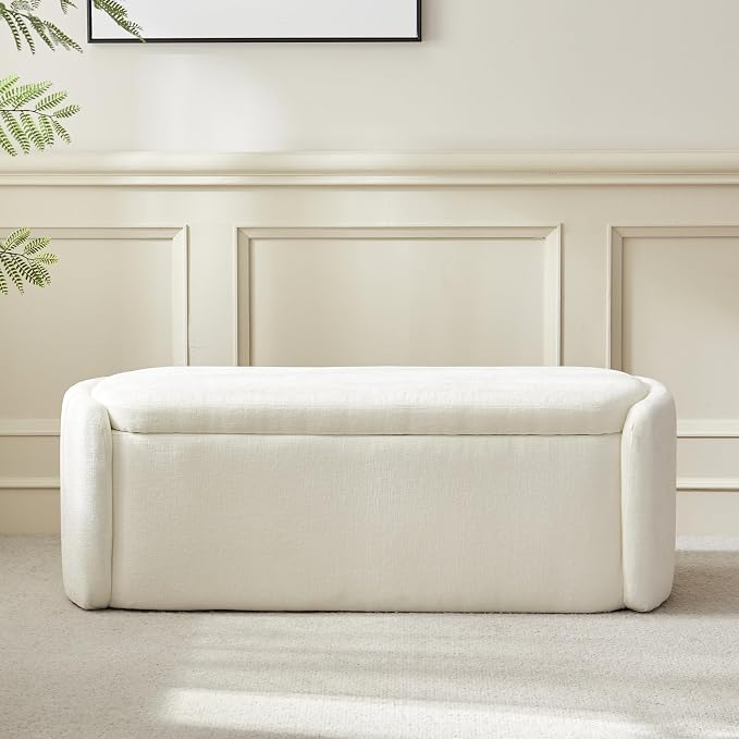 VKNOW 46" Oval Storage Ottoman Bench, Upholstered End of Bed Bench Ottomans Bench Foot Rest, Sherpa Storage Bench for Bedroom, Living Room and Hallway, Beige