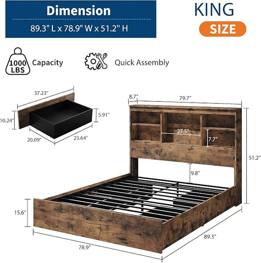 GarveeHome King Size Bed Frame with High Storage Bookcase Headboard, Wood Bed Frame with 4 Storage Drawers, Built in Charging Station, No Box Spring Needed, Metal Frame, Noise-Free, Vintage Brown