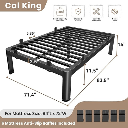MAF 14 Inch California King Metal Platform Bed Frame with Anti-Collision Round Legs, Black 3500 Lbs Heavy Duty Bed Frame Steel Slats Support, No Box Spring Needed, Easy Assembly