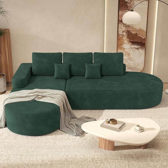 112" Modular Curved Sofa, Oversized Couches for Living Room, Modern Cloud Couch with Deep Seat, Corduroy Foam Couch, No Assembly Required, Dark Green, 1PCS