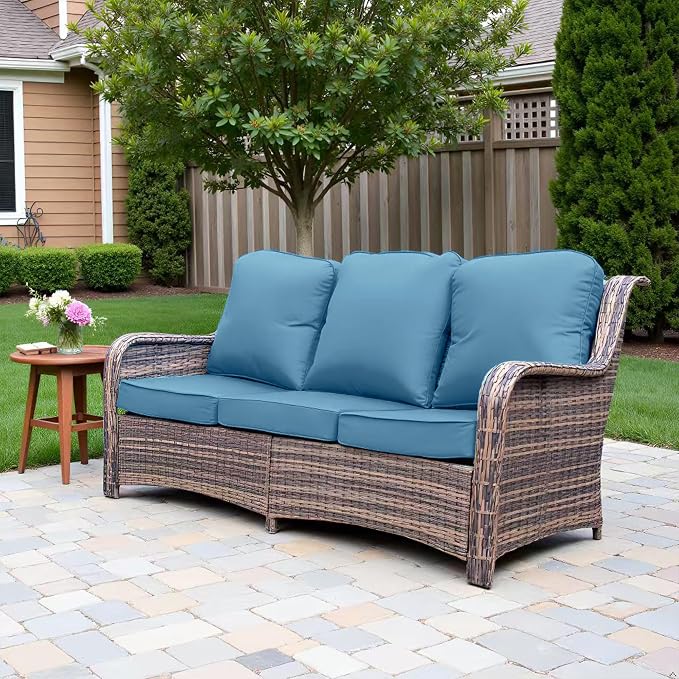 Outdoor Patio Sofa, Outdoor Wicker 3 Seater Sofa with High Back, Deep Seating, Wide Armrest, Thickened Cushions for Deck, Porch Use, Peacock Blue